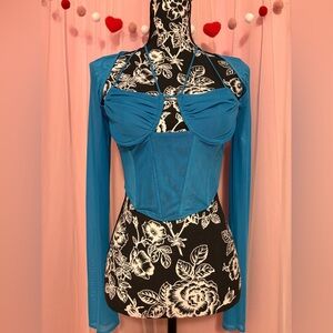 Fashion Nova Blue Mesh Long Sleeve Crop Top